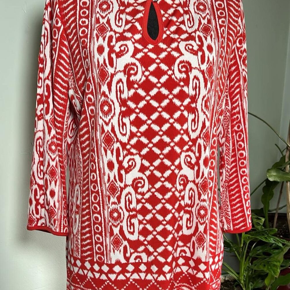 Susan Graver Ikat Red and White Tunic SZ SM 3/4 Sleeve Business Wear Lagenlook